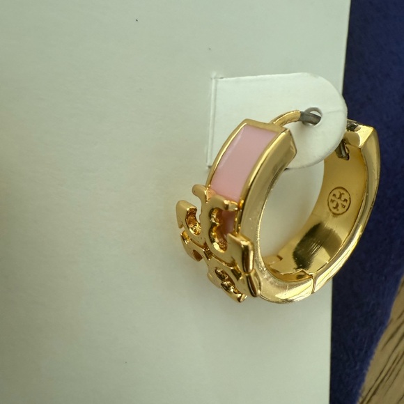 Tory Burch Gold Plated and Pink Enamel Logo Hoop Earrings - Picture 4 of 5